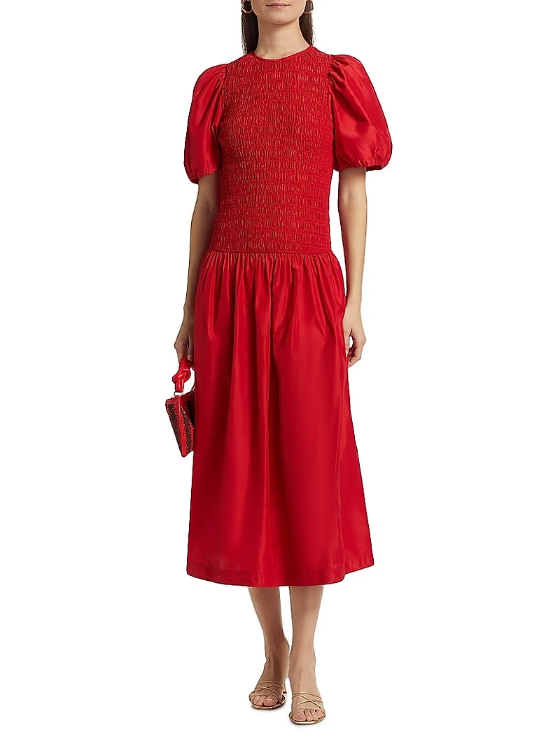Marca Smocked Taffeta Midi-Dress