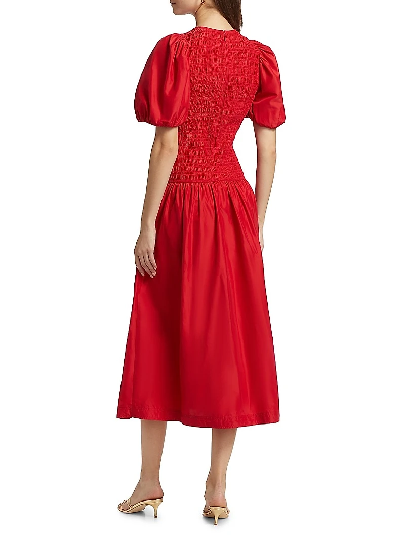 Marca Smocked Taffeta Midi-Dress
