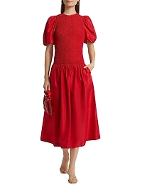 Marca Smocked Taffeta Midi-Dress