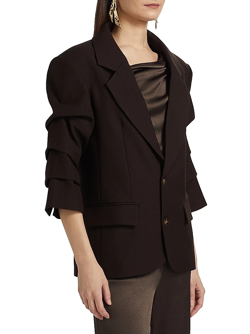 Roma Ruched-Sleeve Single-Breasted Blazer