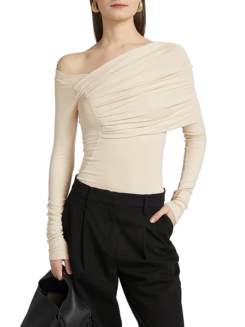 Maple Ruched One-Shoulder Long-Sleeve Top