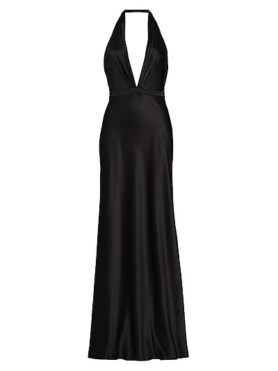 Essy Silk Plunging V-Halterneck Gown