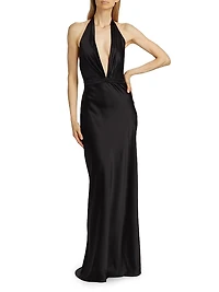Essy Silk Plunging V-Halterneck Gown