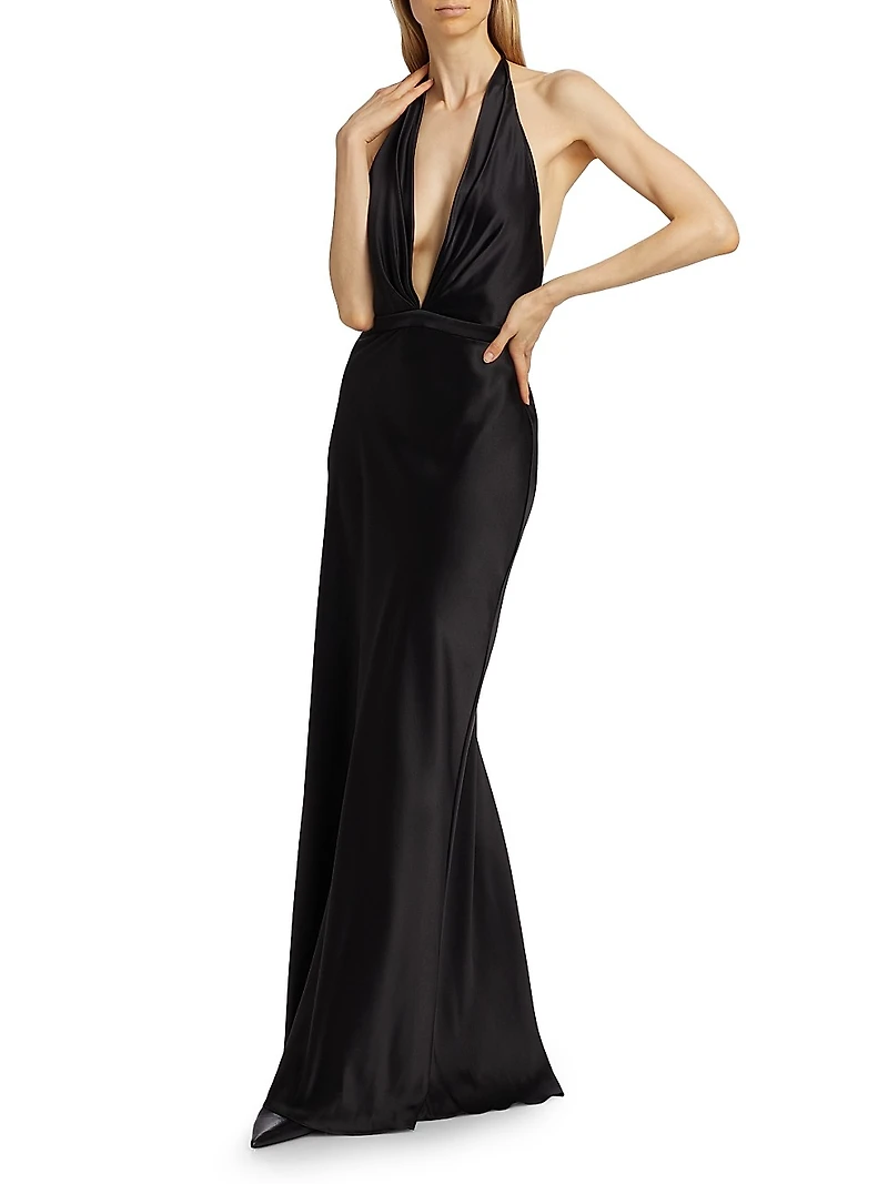 Essy Silk Plunging V-Halterneck Gown