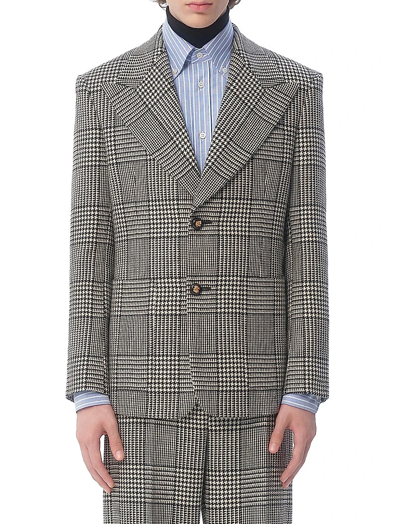 Single-Breasted Wool Jacket with Check Pattern on Houndstooth