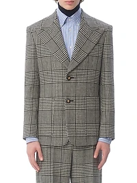 Single-Breasted Wool Jacket with Check Pattern on Houndstooth