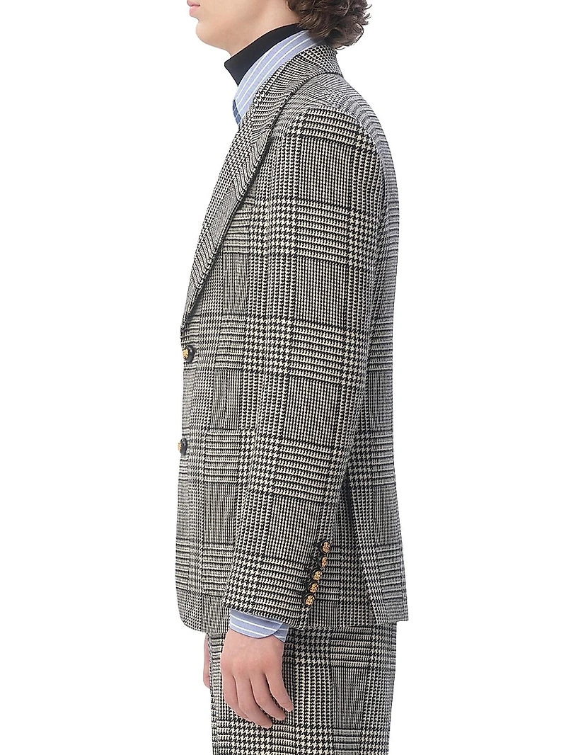 Single-Breasted Wool Jacket with Check Pattern on Houndstooth