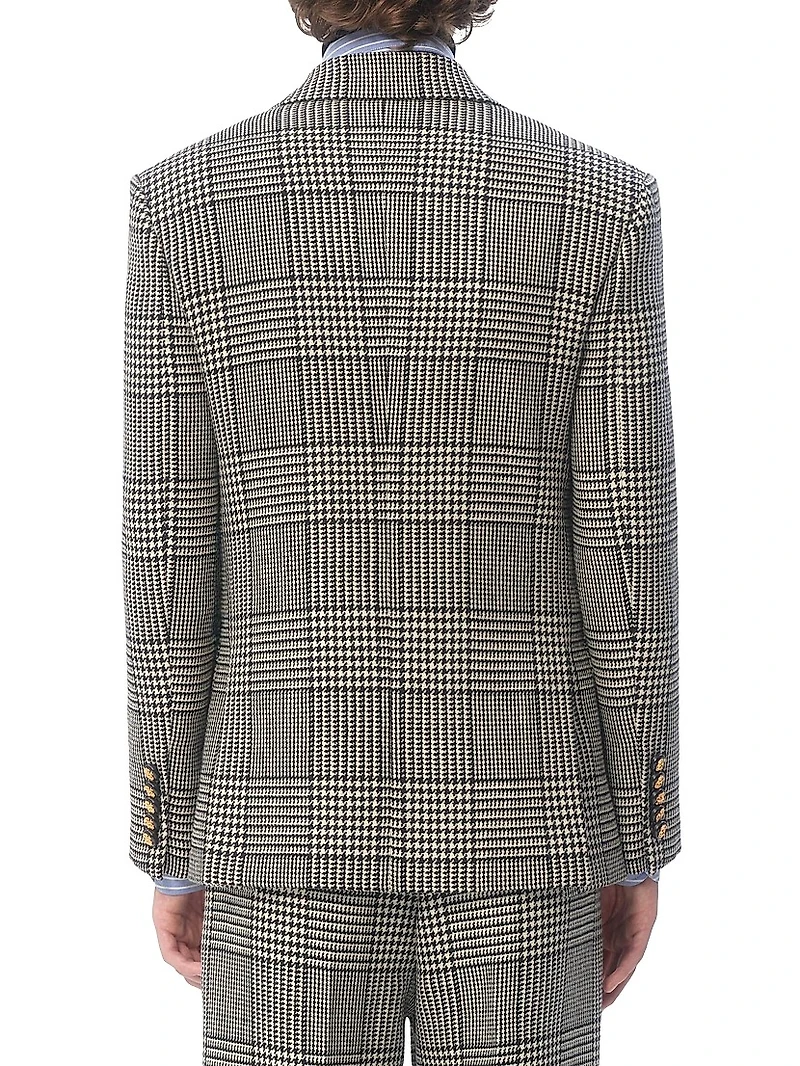 Single-Breasted Wool Jacket with Check Pattern on Houndstooth