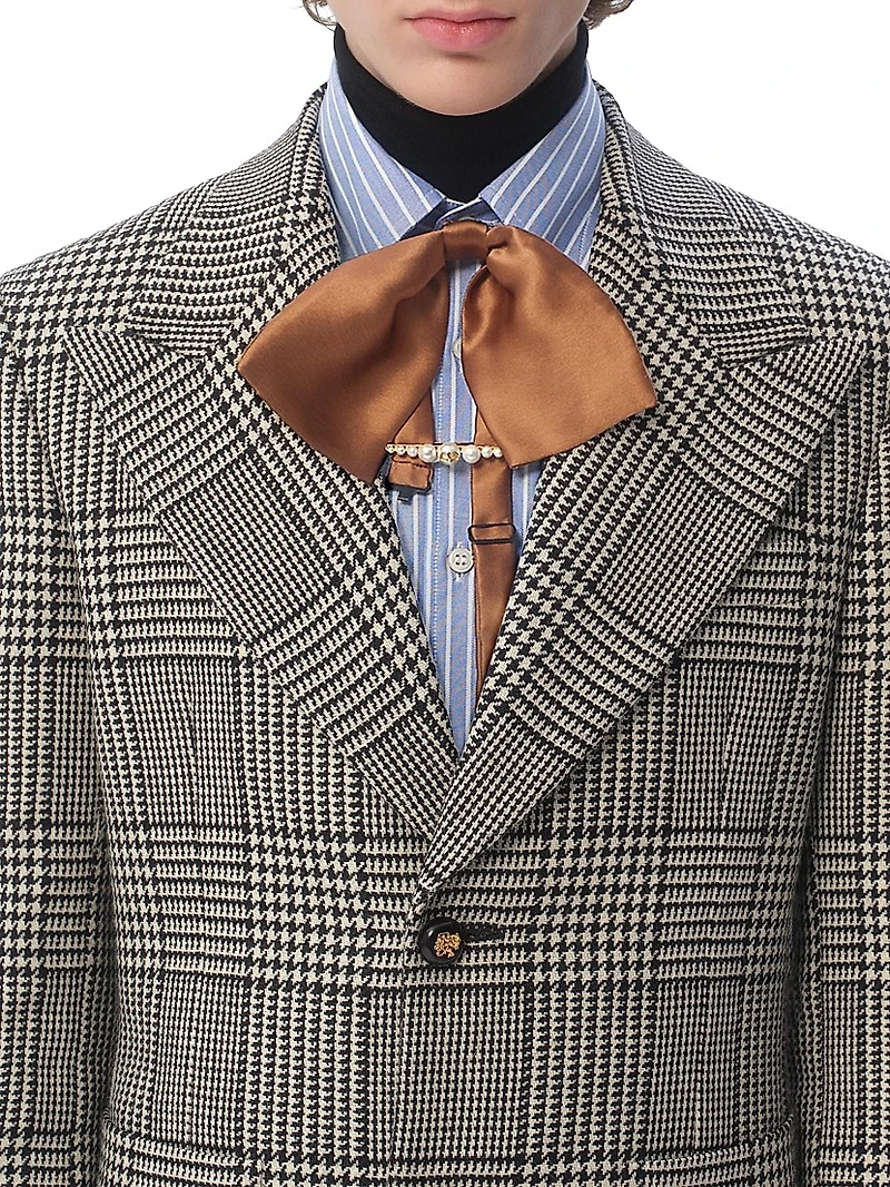 Single-Breasted Wool Jacket with Check Pattern on Houndstooth