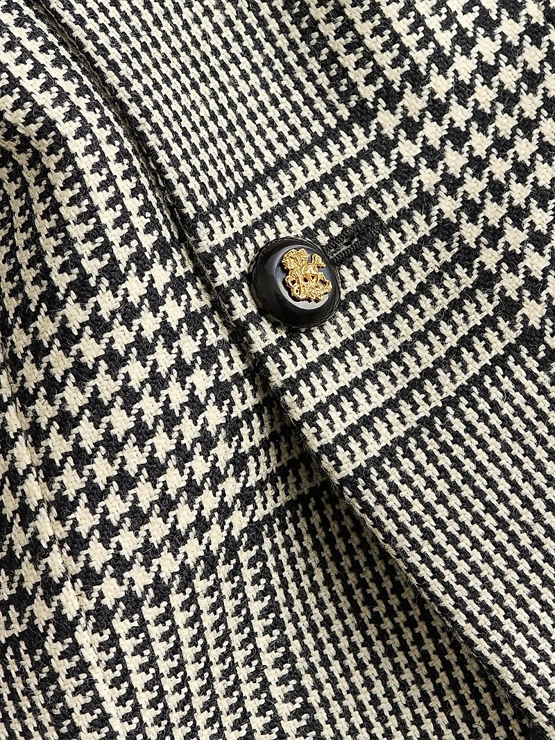 Single-Breasted Wool Jacket with Check Pattern on Houndstooth