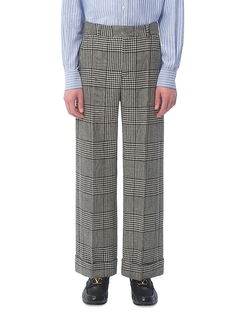 Wool Pants with Turn-Ups Check Pattern on Houndstooth