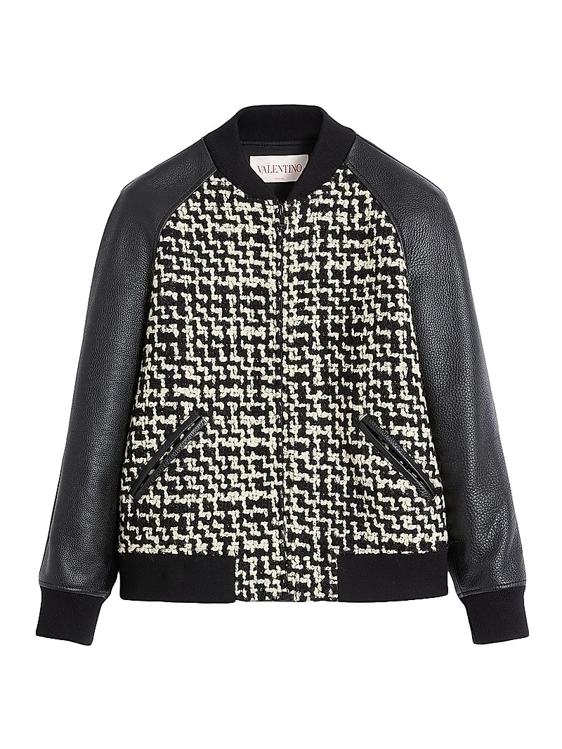 Wool Tweed Bomber Jacket with Chez Valentino Patch