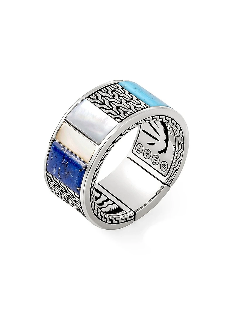 Carved Chain Sterling Silver, Mother-Of-Pearl, Turquoise & Lapis Lazuli Ring