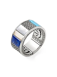 Carved Chain Sterling Silver, Mother-Of-Pearl, Turquoise & Lapis Lazuli Ring