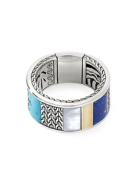 Carved Chain Sterling Silver, Mother-Of-Pearl, Turquoise & Lapis Lazuli Ring