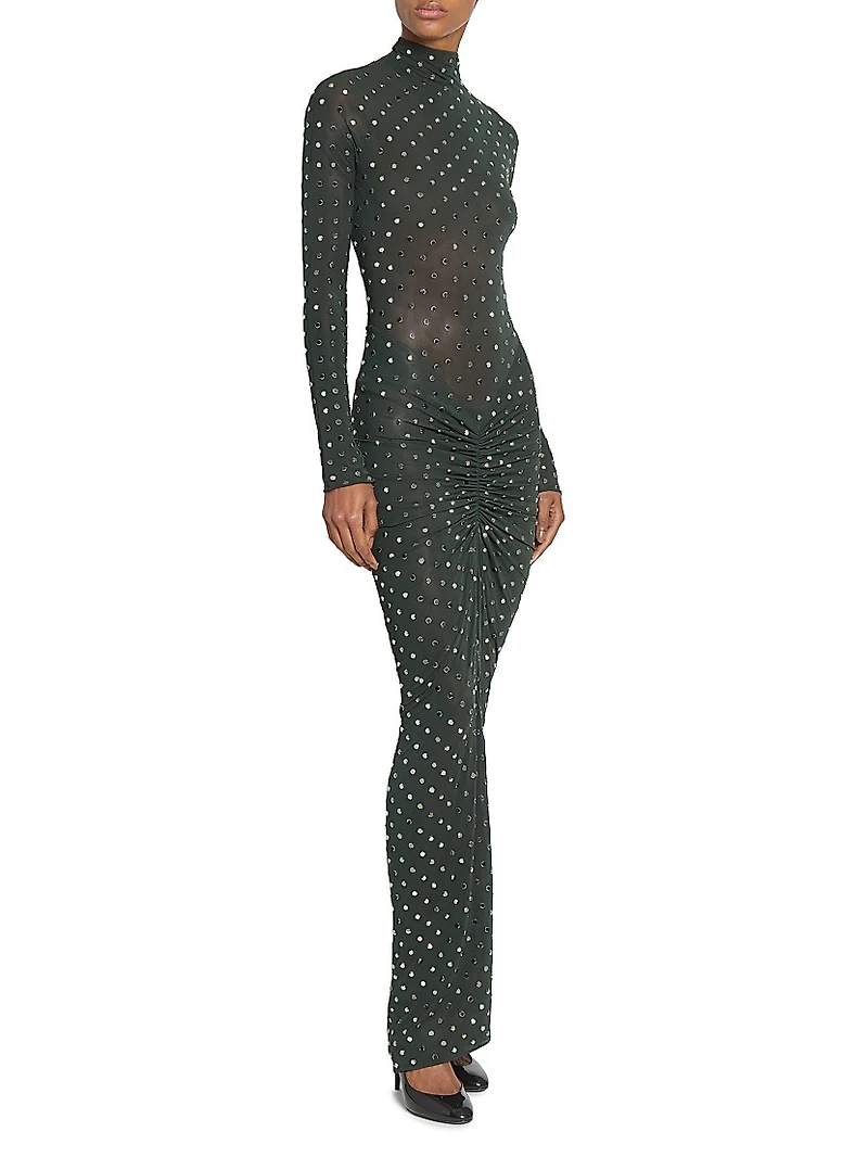 Embellished Metallic Ruched Maxi Dress
