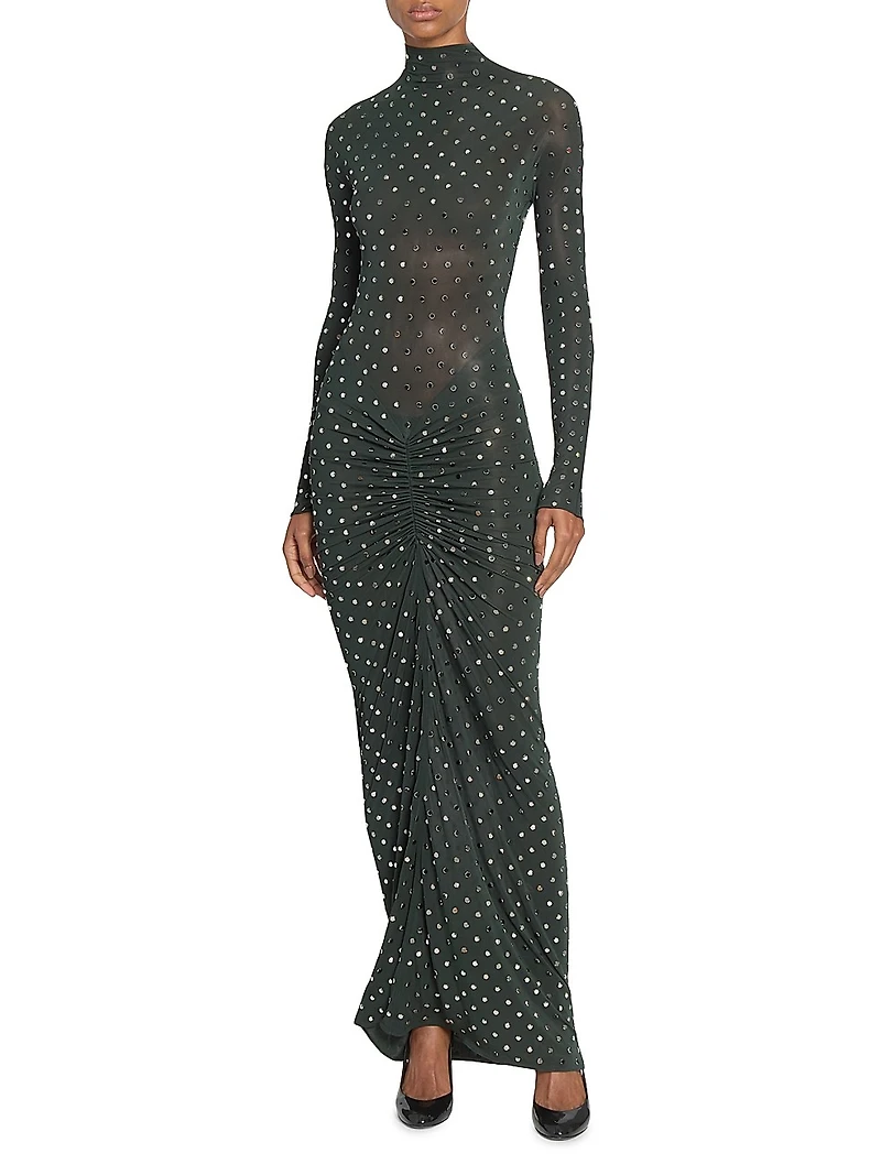 Embellished Metallic Ruched Maxi Dress