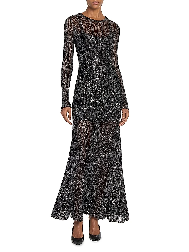 Sequined Long-Sleeve Gown