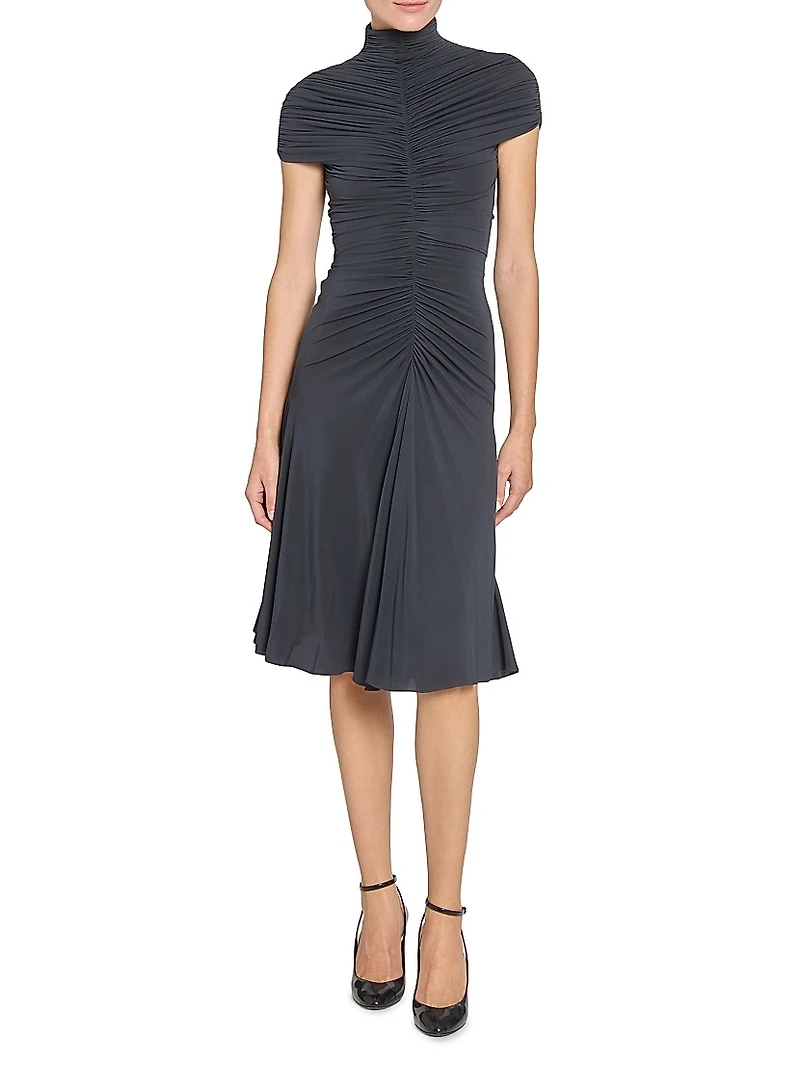 Gathered Mock Turtleneck Midi-Dress