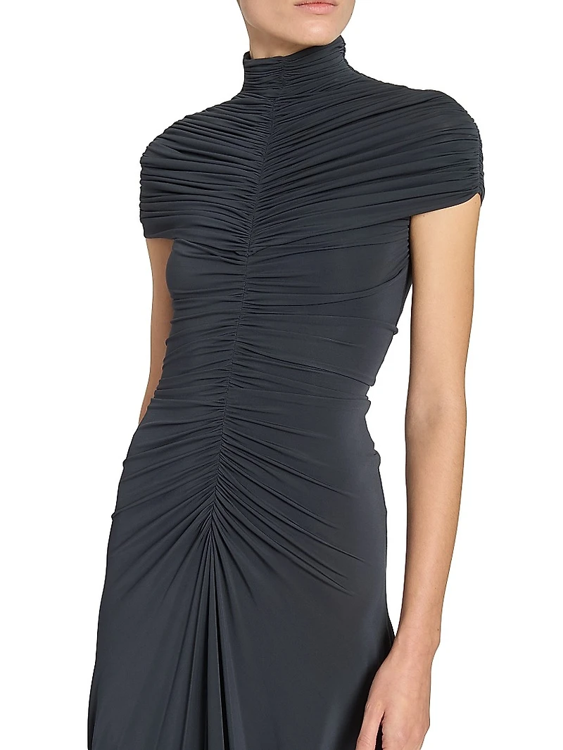 Gathered Mock Turtleneck Midi-Dress