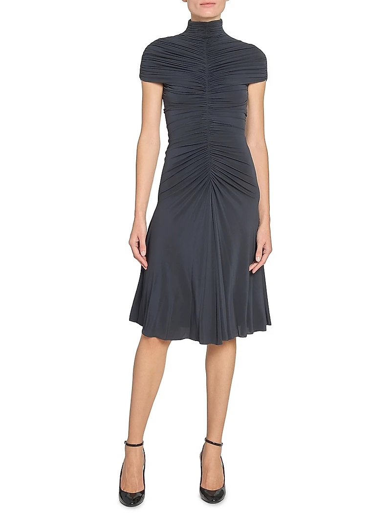 Gathered Mock Turtleneck Midi-Dress
