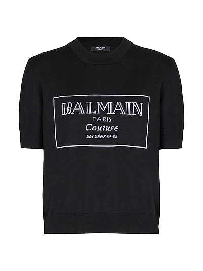 Logo Merino Wool Short-Sleeve Bi-Color Knit Top