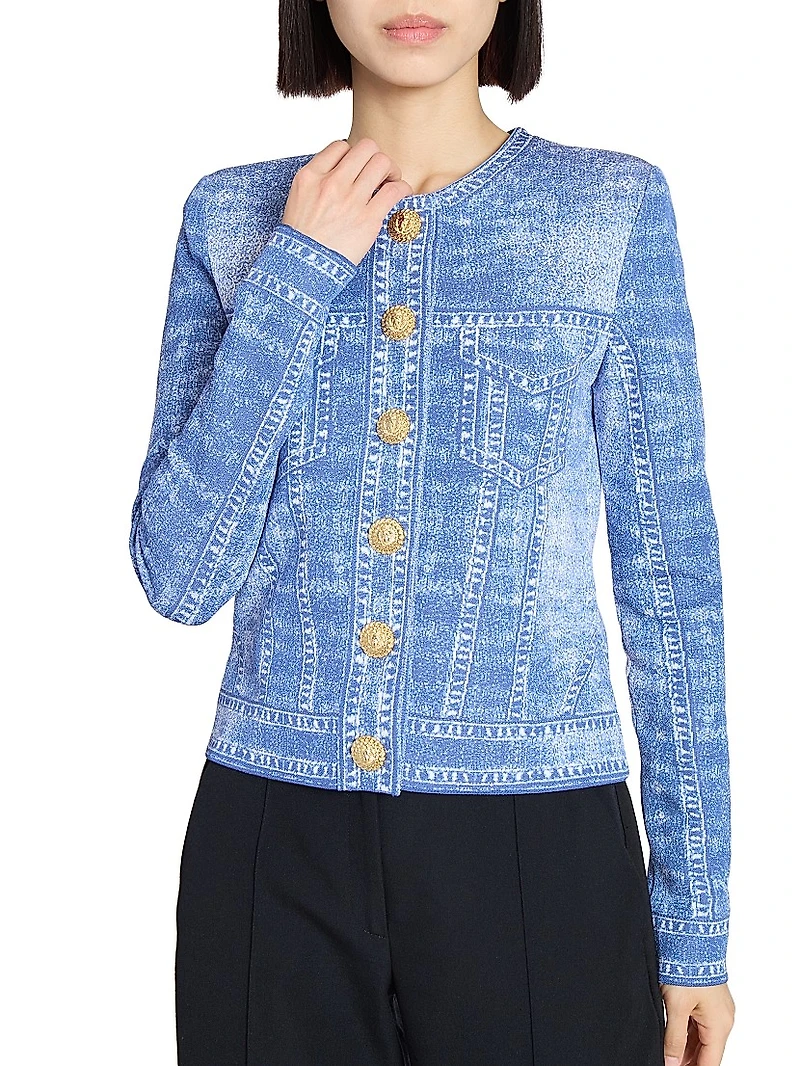 Trompe L'oeil Denim Button-Front Cardigan