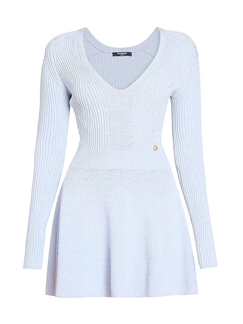 Pleated Rib-Knit V-Neck Minidress