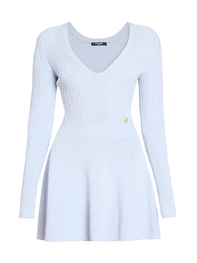 Pleated Rib-Knit V-Neck Minidress