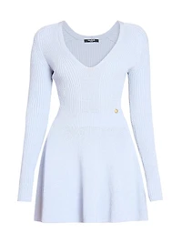Pleated Rib-Knit V-Neck Minidress