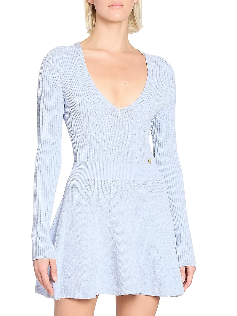 Pleated Rib-Knit V-Neck Minidress
