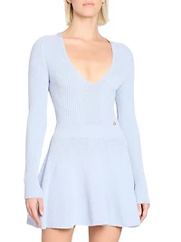 Pleated Rib-Knit V-Neck Minidress