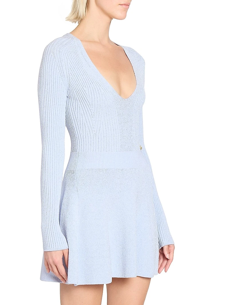 Pleated Rib-Knit V-Neck Minidress