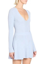 Pleated Rib-Knit V-Neck Minidress