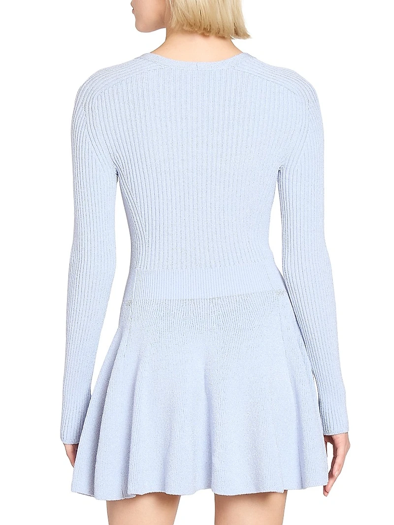 Pleated Rib-Knit V-Neck Minidress