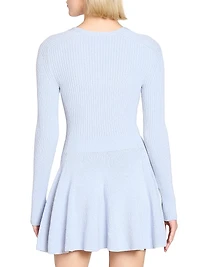 Pleated Rib-Knit V-Neck Minidress
