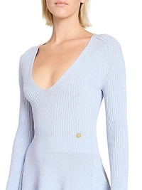 Pleated Rib-Knit V-Neck Minidress