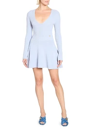 Pleated Rib-Knit V-Neck Minidress