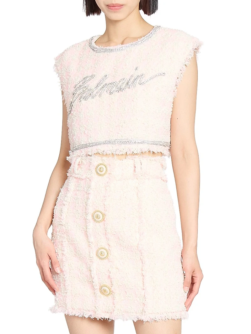 Embellished Logo Tweed Crop Top