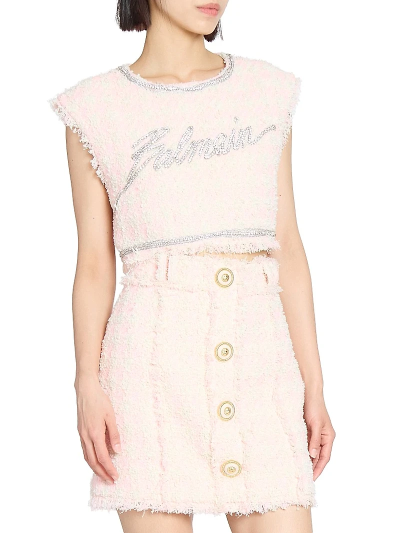 Embellished Logo Tweed Crop Top
