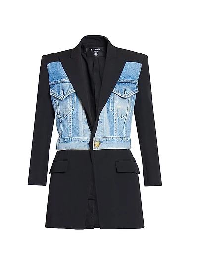 Denim-Wool Combo Single-Breasted Jacket