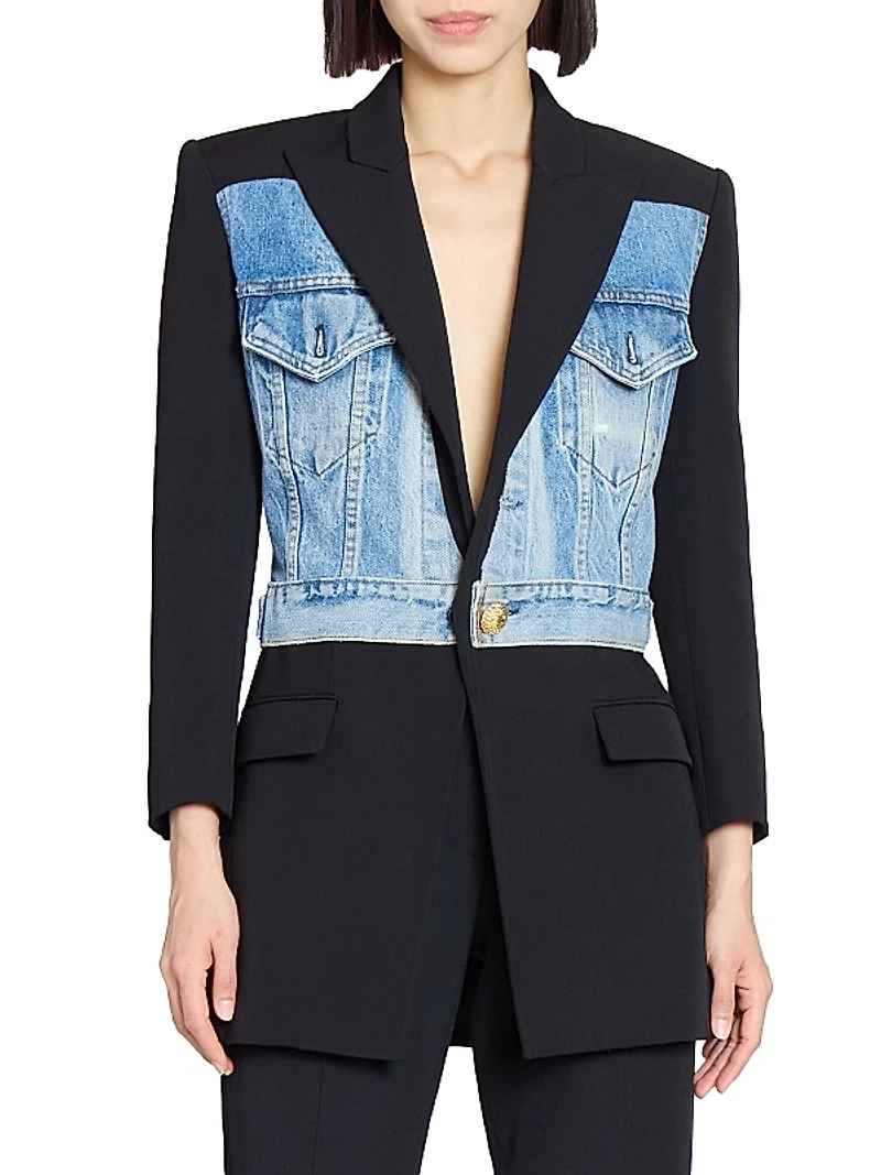 Denim-Wool Combo Single-Breasted Jacket
