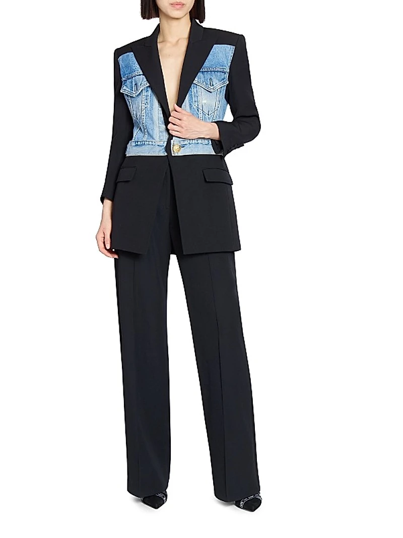 Denim-Wool Combo Single-Breasted Jacket