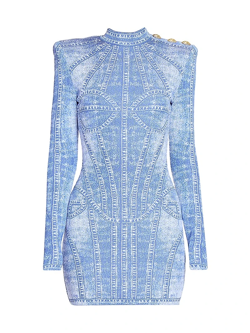 Denim Trompe L'oeil Long-Sleeve Body-Con Minidress