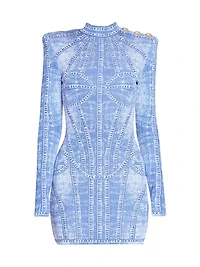 Denim Trompe L'oeil Long-Sleeve Body-Con Minidress