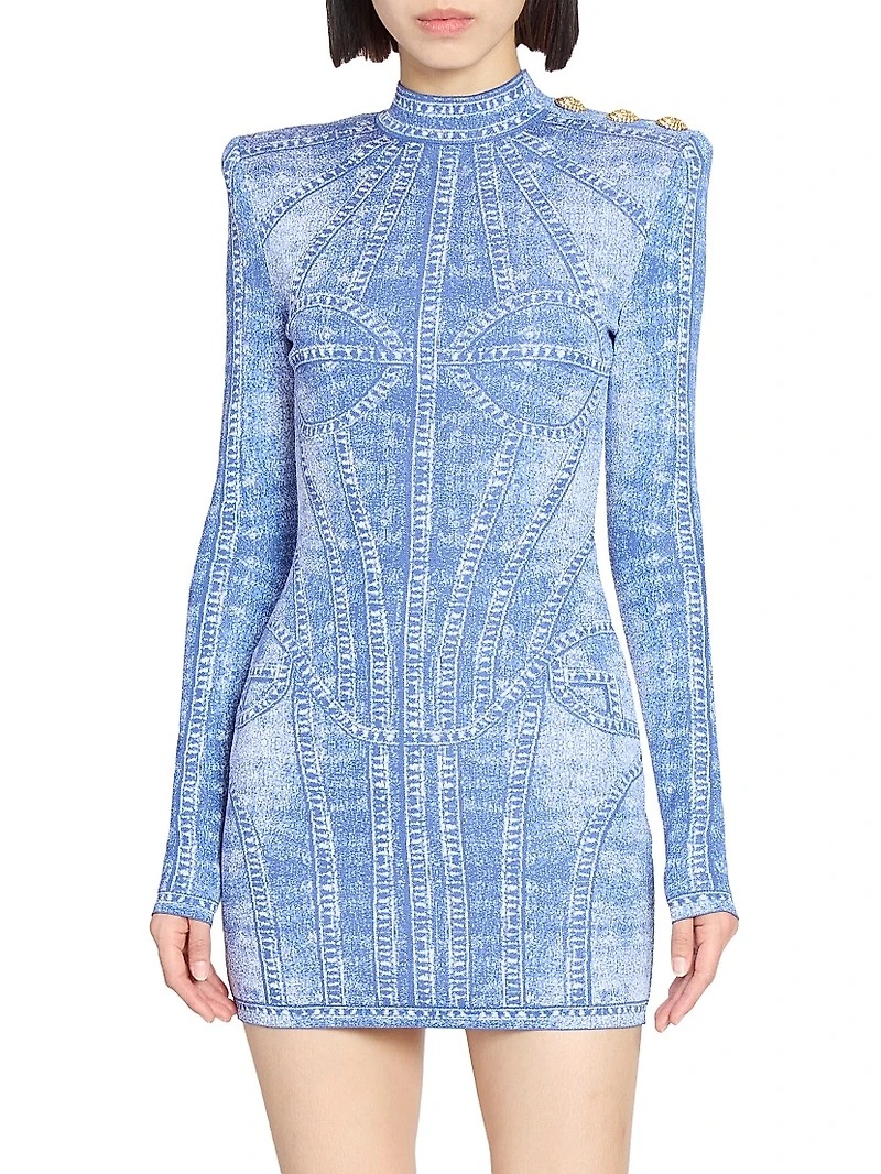 Denim Trompe L'oeil Long-Sleeve Body-Con Minidress