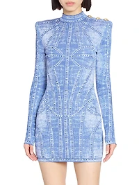 Denim Trompe L'oeil Long-Sleeve Body-Con Minidress