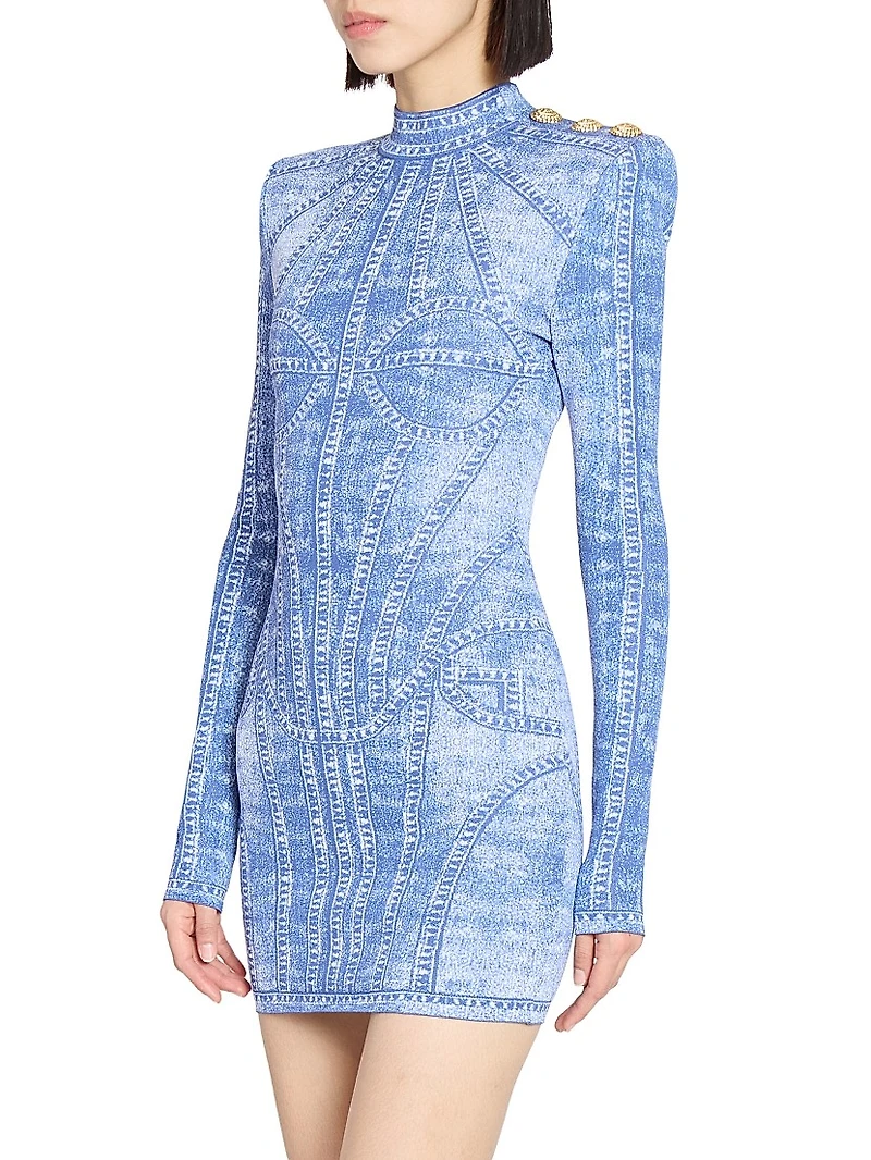 Denim Trompe L'oeil Long-Sleeve Body-Con Minidress