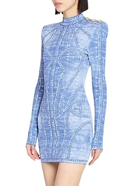 Denim Trompe L'oeil Long-Sleeve Body-Con Minidress