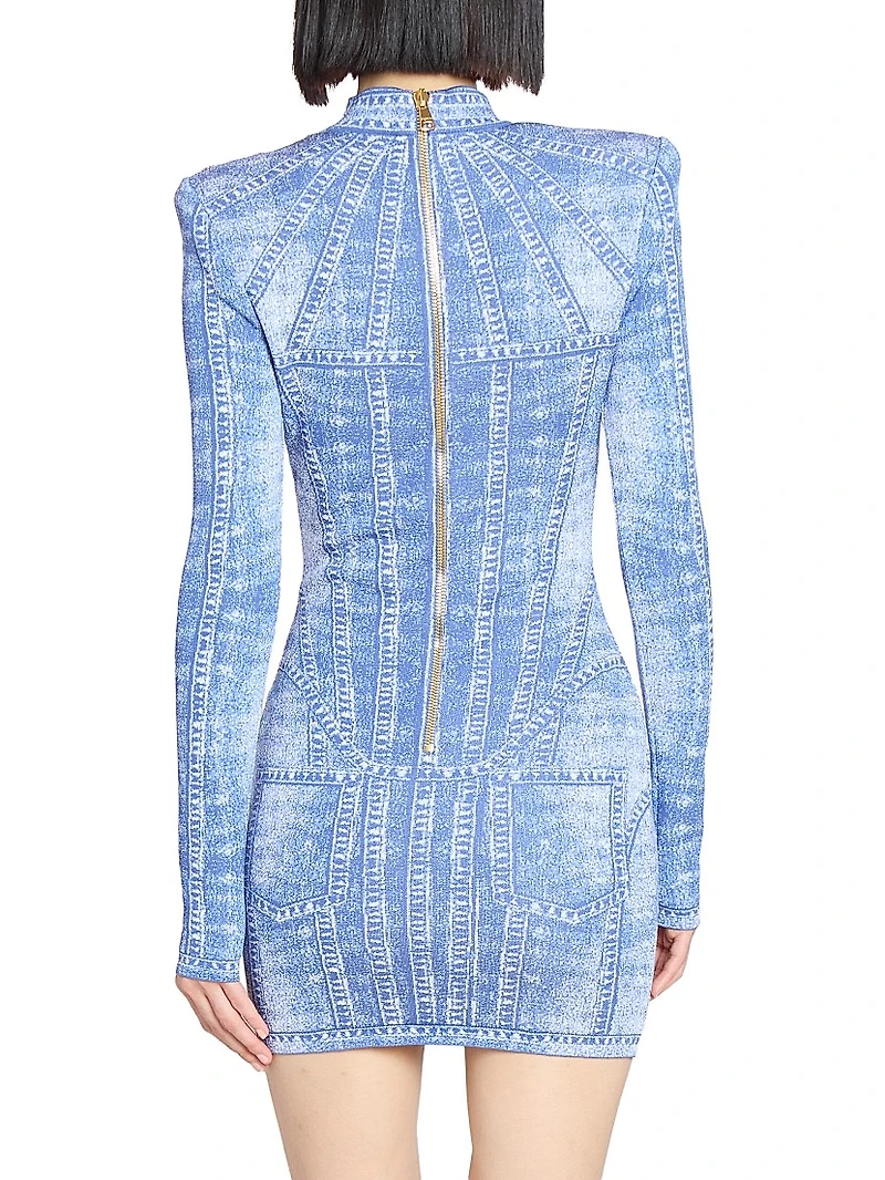 Denim Trompe L'oeil Long-Sleeve Body-Con Minidress